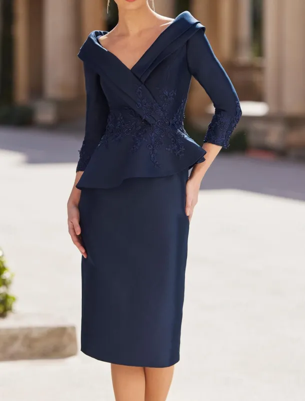 Sheath Mother of the Bride Dress Tuxedo Dress Formal Wedding Guest Elegant Vintage V Neck Tea Length Satin 3/4 Length Sleeve with Appliques Race Day Dress free custom size