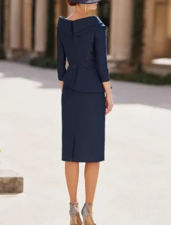 Sheath Mother of the Bride Dress Tuxedo Dress Formal Wedding Guest Elegant Vintage V Neck Tea Length Satin 3/4 Length Sleeve with Appliques Race Day Dress free custom size