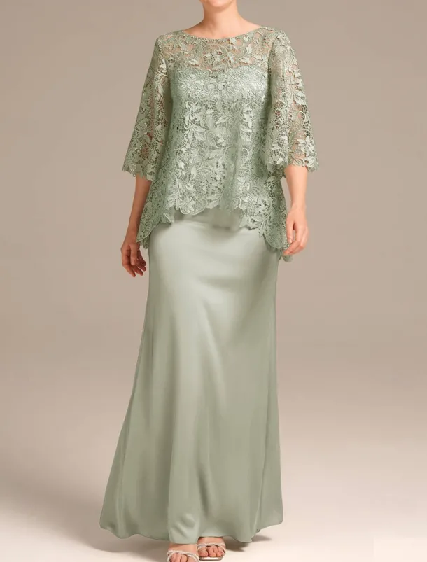 Sheath Mother of the Bride Dress Wedding Guest Elegant Jewel Neck Floor Length Satin Lace Half Sleeve with Embroidery free custom size