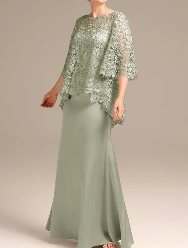 Sheath Mother of the Bride Dress Wedding Guest Elegant Jewel Neck Floor Length Satin Lace Half Sleeve with Embroidery free custom size