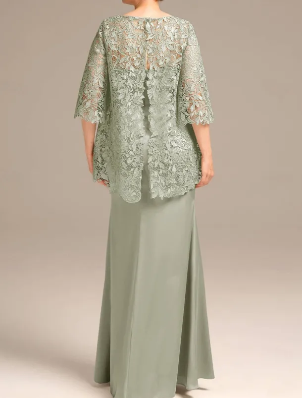 Sheath Mother of the Bride Dress Wedding Guest Elegant Jewel Neck Floor Length Satin Lace Half Sleeve with Embroidery free custom size
