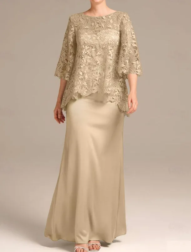 Sheath Mother of the Bride Dress Wedding Guest Elegant Jewel Neck Floor Length Satin Lace Half Sleeve with Embroidery free custom size