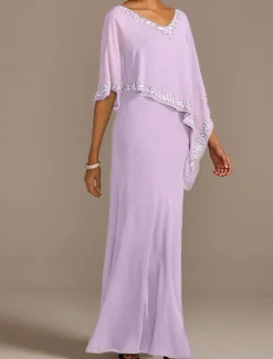 Sheath Mother of the Bride Dress Wedding Guest Elegant V Neck Floor Length Chiffon Half Sleeve with Beading free custom size
