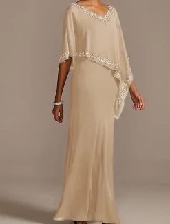 Sheath Mother of the Bride Dress Wedding Guest Elegant V Neck Floor Length Chiffon Half Sleeve with Beading free custom size