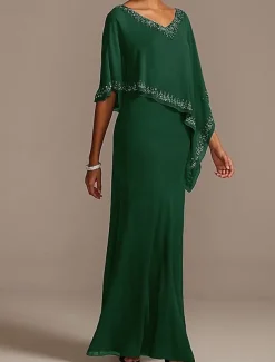 Sheath Mother of the Bride Dress Wedding Guest Elegant V Neck Floor Length Chiffon Half Sleeve with Beading free custom size