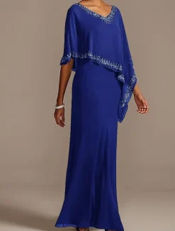 Sheath Mother of the Bride Dress Wedding Guest Elegant V Neck Floor Length Chiffon Half Sleeve with Beading free custom size