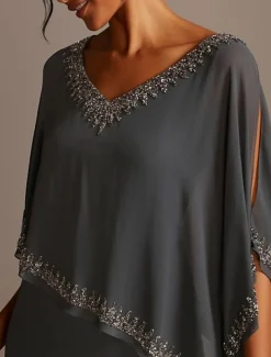 Sheath Mother of the Bride Dress Wedding Guest Elegant V Neck Floor Length Chiffon Half Sleeve with Beading free custom size