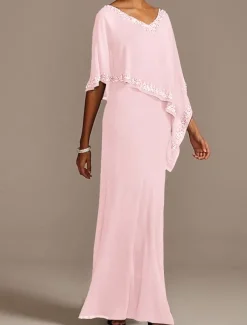 Sheath Mother of the Bride Dress Wedding Guest Elegant V Neck Floor Length Chiffon Half Sleeve with Beading free custom size