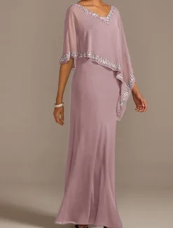 Sheath Mother of the Bride Dress Wedding Guest Elegant V Neck Floor Length Chiffon Half Sleeve with Beading free custom size