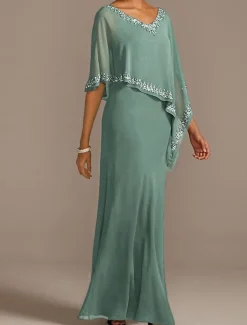 Sheath Mother of the Bride Dress Wedding Guest Elegant V Neck Floor Length Chiffon Half Sleeve with Beading free custom size