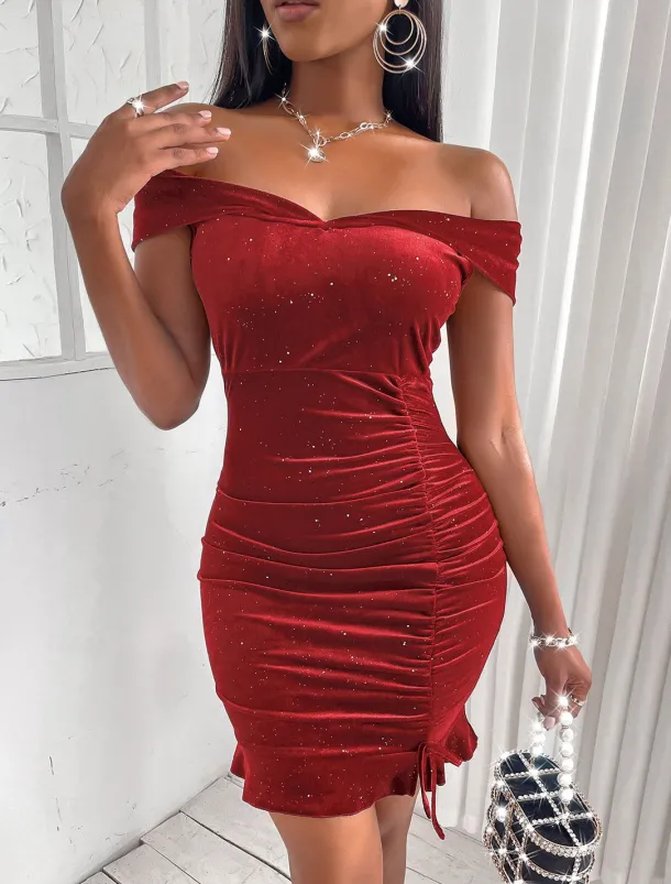 Sheath Sequin Cocktail Chrismas Dress Silky Dress Homecoming Dress Prom Short / Mini Sleeveless Off Shoulder Polyester with Ruffles dress to impress