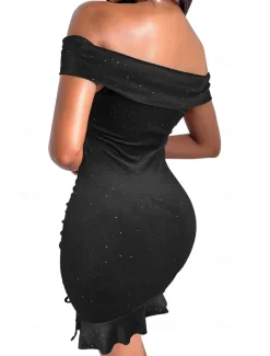 Sheath Sequin Cocktail Chrismas Dress Silky Dress Homecoming Dress Prom Short / Mini Sleeveless Off Shoulder Polyester with Ruffles dress to impress