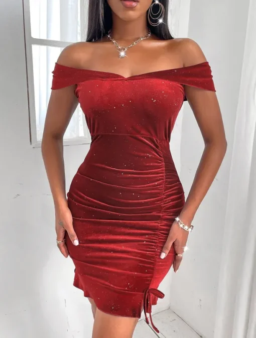 Sheath Sequin Cocktail Chrismas Dress Silky Dress Homecoming Dress Prom Short / Mini Sleeveless Off Shoulder Polyester with Ruffles dress to impress