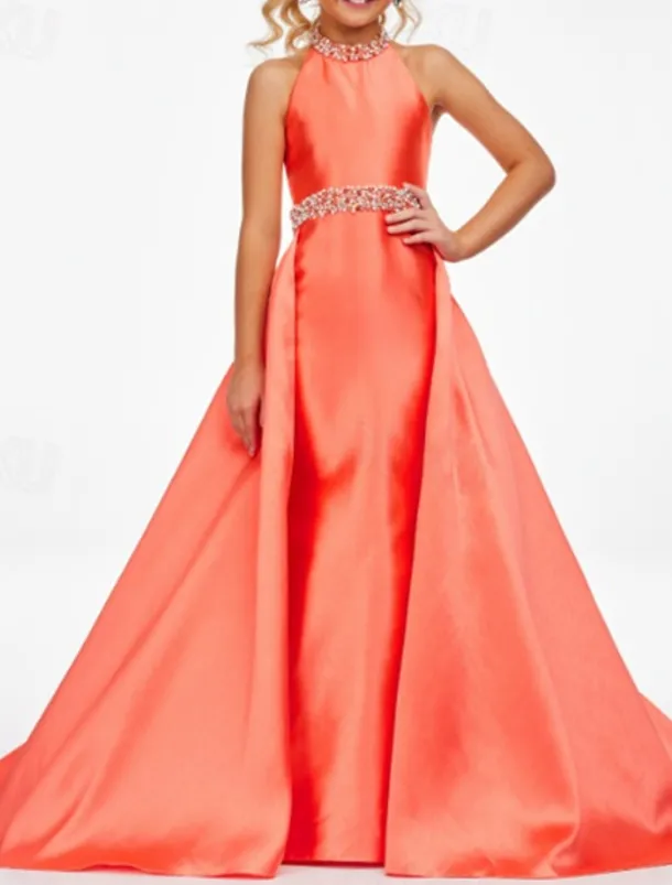 Sheath Sweep / Brush Train Chrismas Dress Flower Girl Dress Pageant & Performance Juniors Cute Prom Dress Satin with Beading Open Back Fit 3-16 Years dress to impress