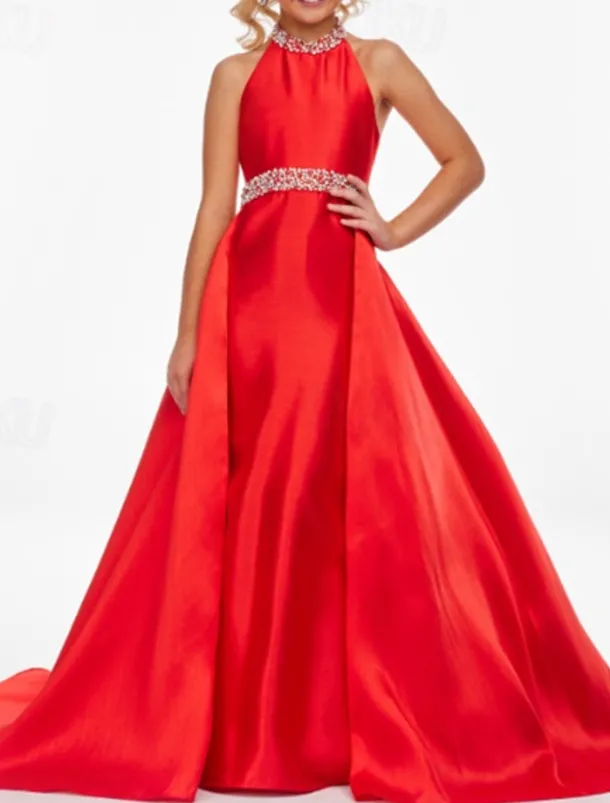 Sheath Sweep / Brush Train Chrismas Dress Flower Girl Dress Pageant & Performance Juniors Cute Prom Dress Satin with Beading Open Back Fit 3-16 Years dress to impress