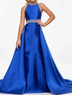 Sheath Sweep / Brush Train Chrismas Dress Flower Girl Dress Pageant & Performance Juniors Cute Prom Dress Satin with Beading Open Back Fit 3-16 Years dress to impress