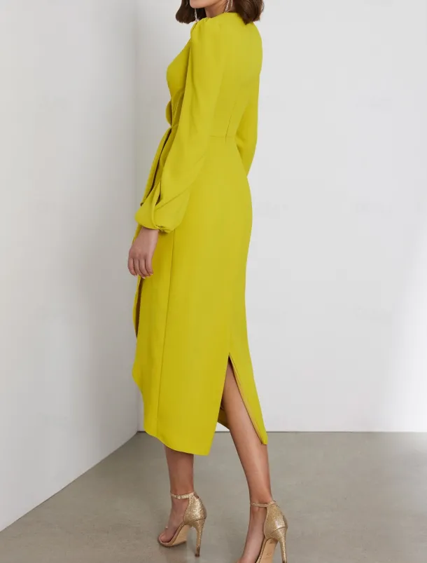 Sheath Wedding Guest Dresses Elegant Dress Formal Cocktail Party Tea Length Long Sleeve V Neck Stretch Chiffon with Ruched