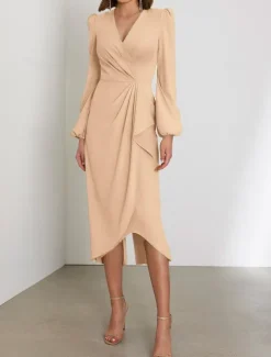 Sheath Wedding Guest Dresses Elegant Dress Formal Cocktail Party Tea Length Long Sleeve V Neck Stretch Chiffon with Ruched