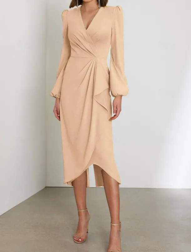 Sheath Wedding Guest Dresses Elegant Dress Formal Cocktail Party Tea Length Long Sleeve V Neck Stretch Chiffon with Ruched