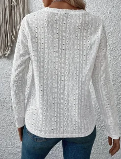 Shirt Blouse Eyelet top Women's White Pink Purple Solid Color Cut Out Street Daily Fashion Round Neck S