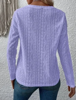 Shirt Blouse Eyelet top Women's White Pink Purple Solid Color Cut Out Street Daily Fashion Round Neck S