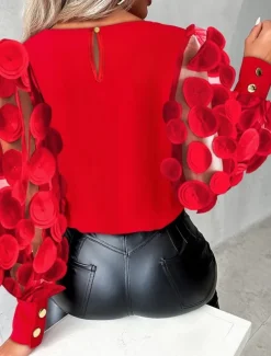 Shirt Blouse Women's 6 black Black Red Solid Color Mesh Street Daily Fashion Round Neck S