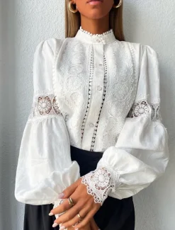 Shirt Blouse Women's White Plain Lace Button Street Daily Fashion Regular Fit Lantern Sleeve S