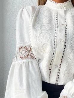 Shirt Blouse Women's White Plain Lace Button Street Daily Fashion Regular Fit Lantern Sleeve S
