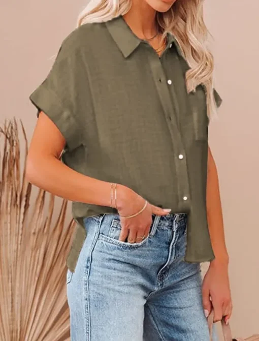 Shirt Cotton Linen Shirts Button Up Blouse Women's Black White Pink Plain Buttons Pocket Street Daily Fashion Shirt Collar Regular Fit S