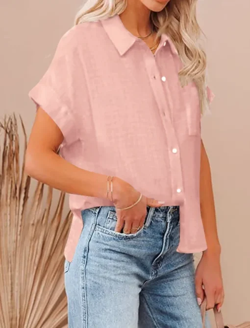Shirt Cotton Linen Shirts Button Up Blouse Women's Black White Pink Plain Buttons Pocket Street Daily Fashion Shirt Collar Regular Fit S