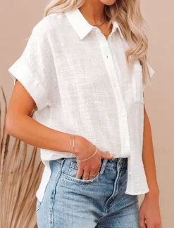 Shirt Cotton Linen Shirts Button Up Blouse Women's Black White Pink Plain Buttons Pocket Street Daily Fashion Shirt Collar Regular Fit S