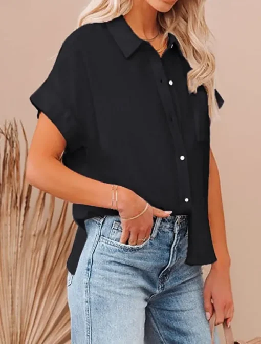 Shirt Cotton Linen Shirts Button Up Blouse Women's Black White Pink Plain Buttons Pocket Street Daily Fashion Shirt Collar Regular Fit S