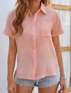 Shirt Cotton Linen Shirts Button Up Blouse Women's Black White Pink Plain Buttons Pocket Street Daily Fashion Shirt Collar Regular Fit S