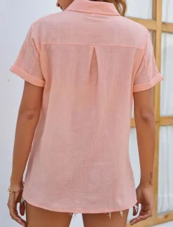 Shirt Cotton Linen Shirts Button Up Blouse Women's Black White Pink Plain Buttons Pocket Street Daily Fashion Shirt Collar Regular Fit S