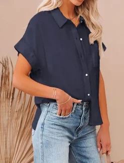 Shirt Cotton Linen Shirts Button Up Blouse Women's Black White Pink Plain Buttons Pocket Street Daily Fashion Shirt Collar Regular Fit S