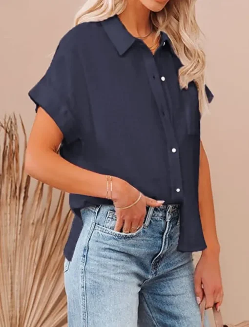 Shirt Cotton Linen Shirts Button Up Blouse Women's Black White Pink Plain Buttons Pocket Street Daily Fashion Shirt Collar Regular Fit S