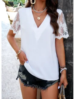 Shirt Lace Shirt Blouse Mesh Patchwork Top Women's White Wine Fuchsia Plain Mesh Street Daily Fashion V Neck Regular Fit S