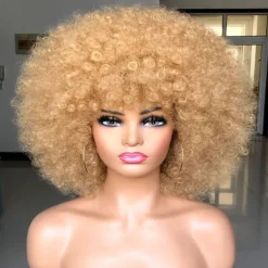 Short Afro Wig with Bangs for Black Women Afro Kinky Curly Wig 70s Premium Synthetic Big Afro Wig