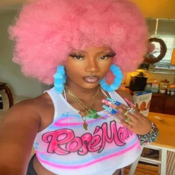 Short Afro Wig with Bangs for Black Women Afro Kinky Curly Wig 70s Premium Synthetic Big Afro Wig