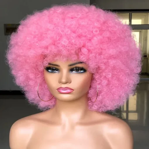 Short Afro Wig with Bangs for Black Women Afro Kinky Curly Wig 70s Premium Synthetic Big Afro Wig