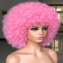 Short Afro Wig with Bangs for Black Women Afro Kinky Curly Wig 70s Premium Synthetic Big Afro Wig