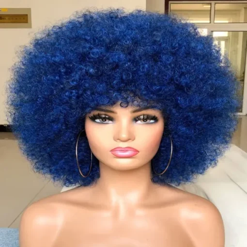 Short Afro Wig with Bangs for Black Women Afro Kinky Curly Wig 70s Premium Synthetic Big Afro Wig