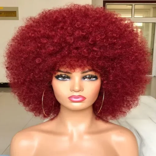 Short Afro Wig with Bangs for Black Women Afro Kinky Curly Wig 70s Premium Synthetic Big Afro Wig
