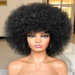 Short Afro Wig with Bangs for Black Women Afro Kinky Curly Wig 70s Premium Synthetic Big Afro Wig