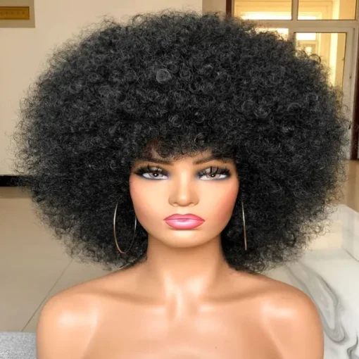 Short Afro Wig with Bangs for Black Women Afro Kinky Curly Wig 70s Premium Synthetic Big Afro Wig