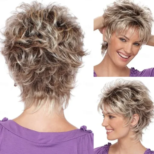 Short Blonde Pixie Cut Wigs with Bangs for White Women,Brown Ombre Blonde Wig Synthetic Wavy Curly Hair Wigs Mixed Brown Wigs Layered Natural Fluffy Heat Resistant