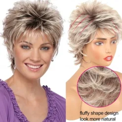 Short Blonde Pixie Cut Wigs with Bangs for White Women,Brown Ombre Blonde Wig Synthetic Wavy Curly Hair Wigs Mixed Brown Wigs Layered Natural Fluffy Heat Resistant