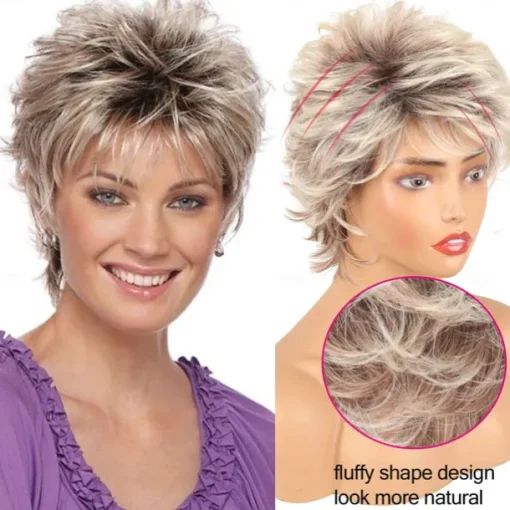 Short Blonde Pixie Cut Wigs with Bangs for White Women,Brown Ombre Blonde Wig Synthetic Wavy Curly Hair Wigs Mixed Brown Wigs Layered Natural Fluffy Heat Resistant