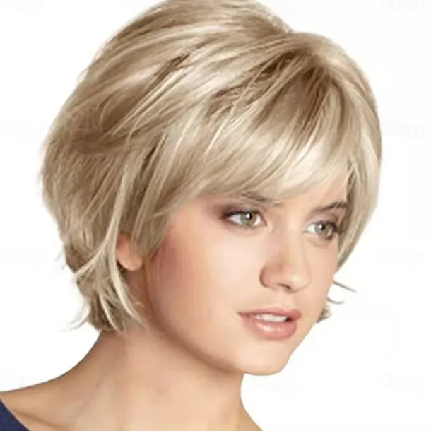 Short Blonde Wig with Bangs Blonde Mix Brown Wigs for White Women Natural Fluffy Synthetic Hair Womens Wigs