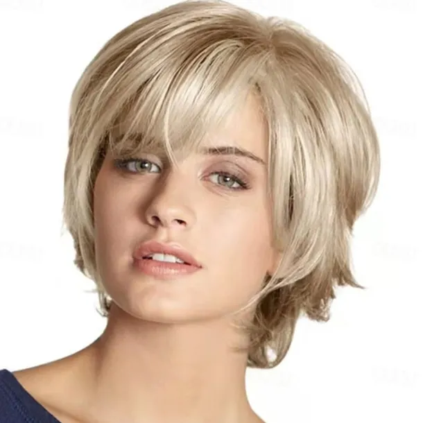 Short Blonde Wig with Bangs Blonde Mix Brown Wigs for White Women Natural Fluffy Synthetic Hair Womens Wigs